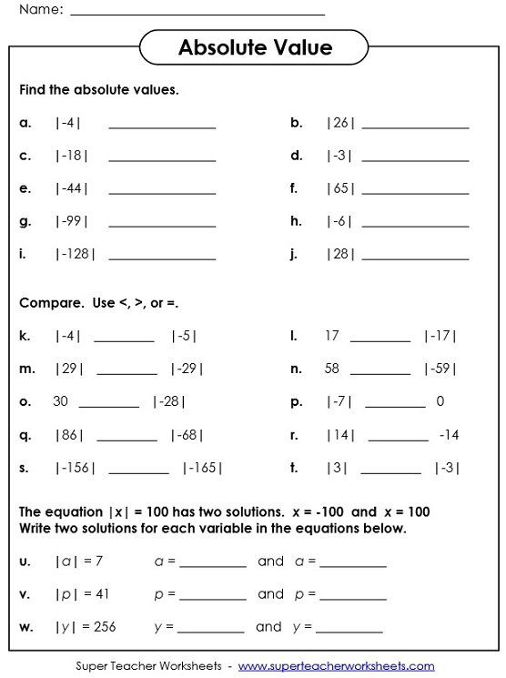 Absolute Value Worksheets Absolute Value Equations 