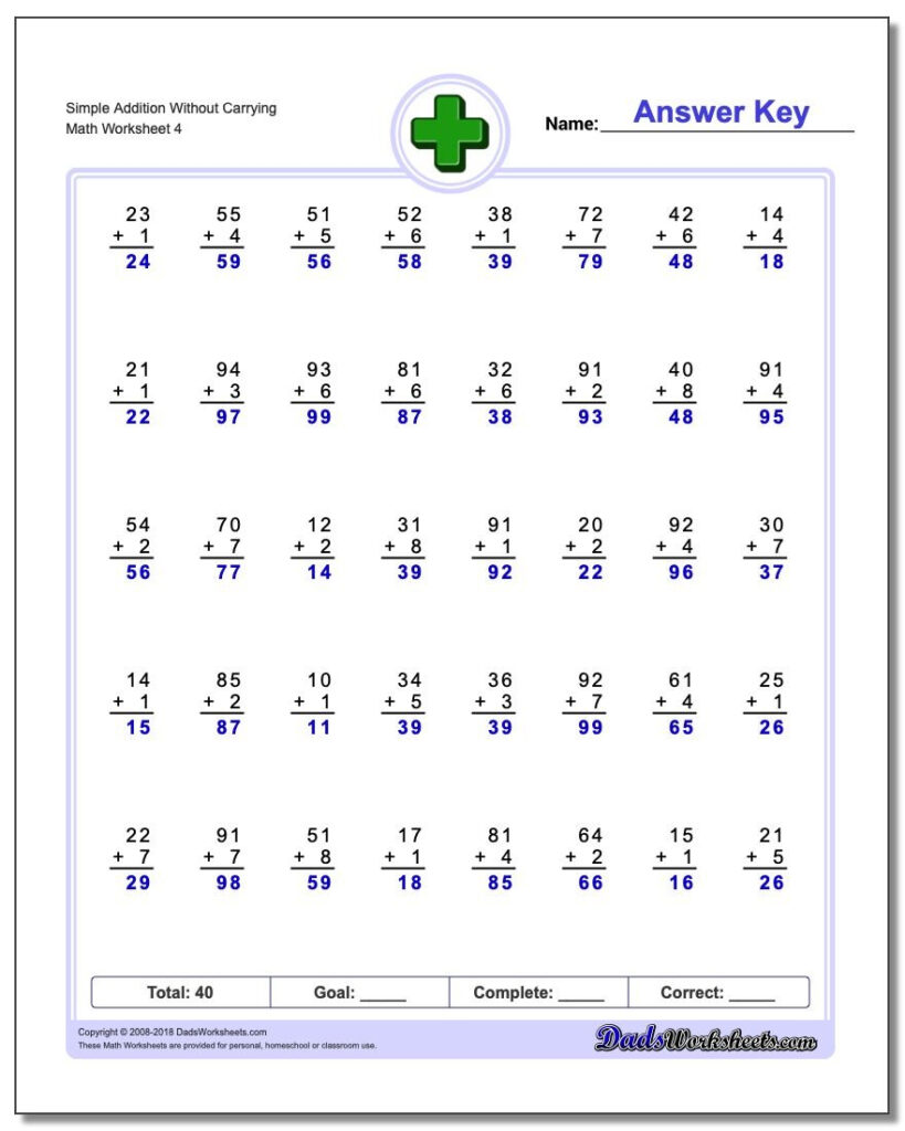 Addition Without Regrouping Worksheets