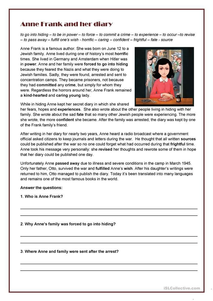 Anne Frank And Her Diary English ESL Worksheets In 2020 