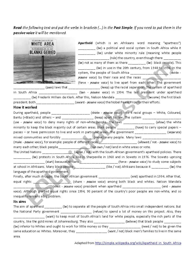 Apartheid Past Simple ESL Worksheet By ELOJOLIE274