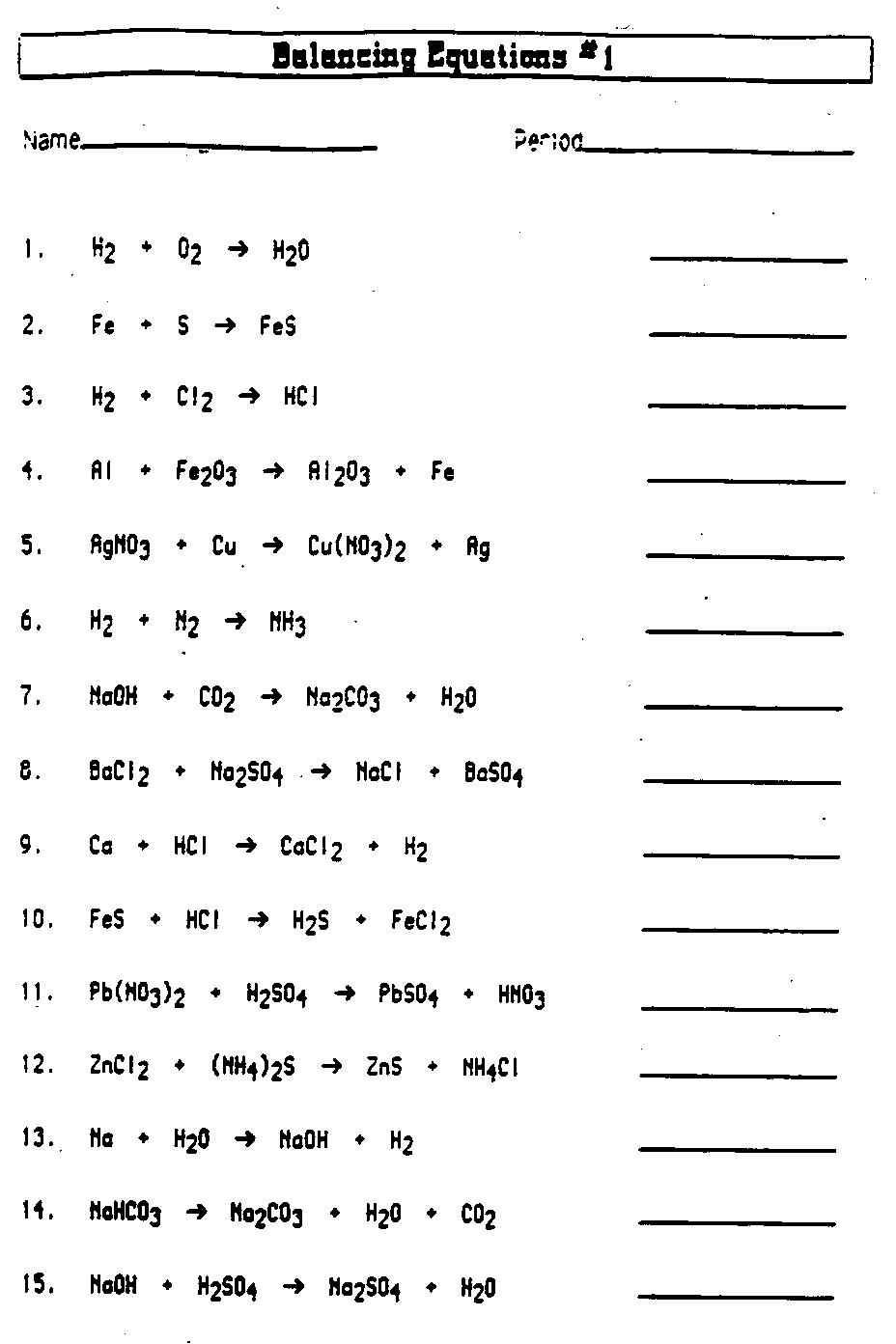 Balancing Chemical Equations Middle School Worksheets
