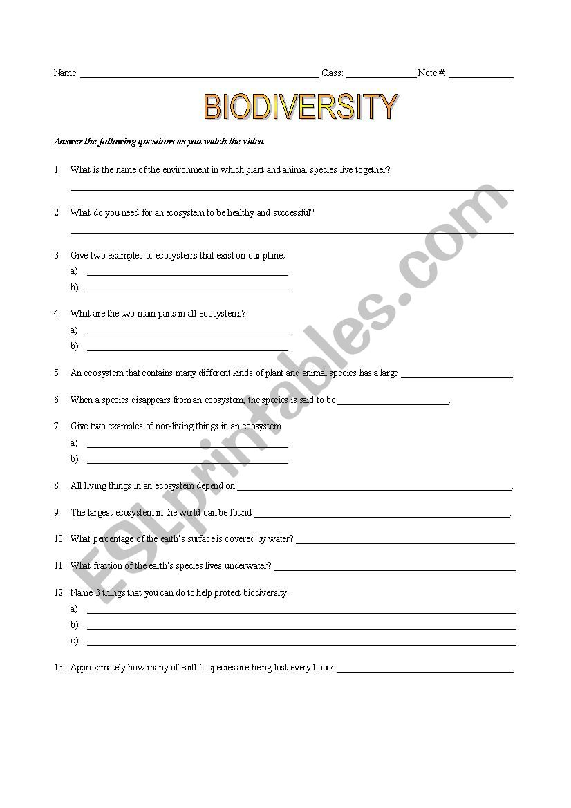 Biodiversity ESL Worksheet By Ms Pint