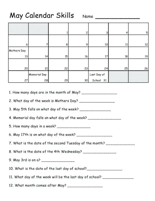 Calendar Worksheets For Grade 1 Calendar Skills 
