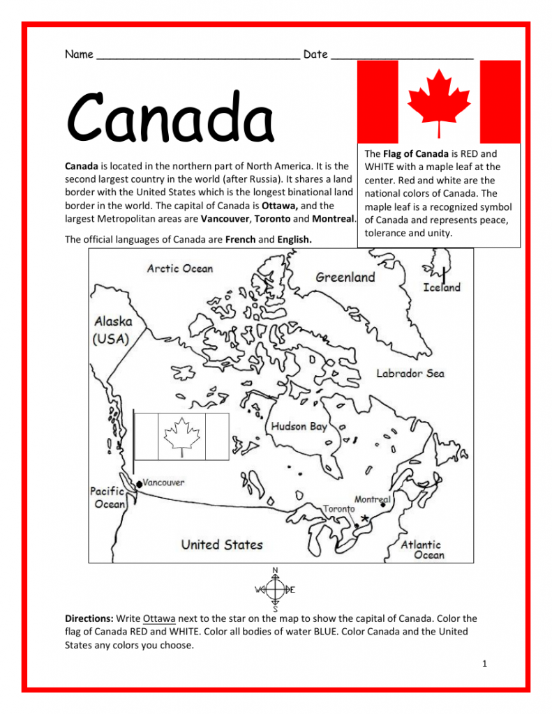 Canada Printable Handout With Map And Flag Geography