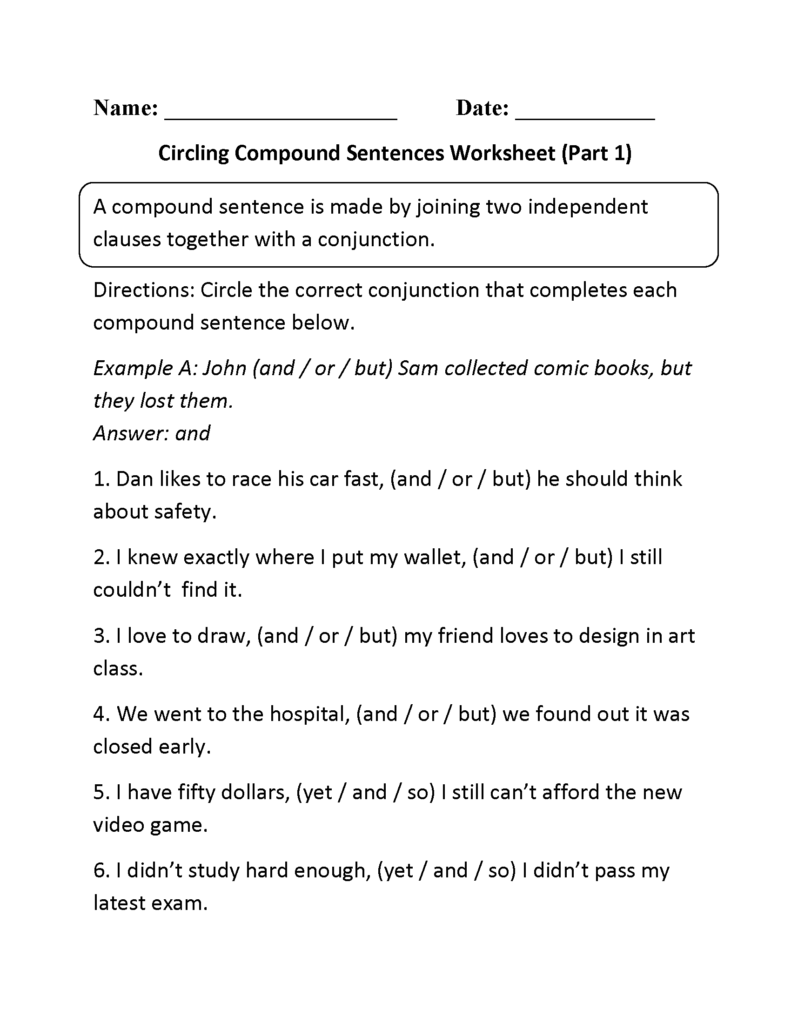 Circling Compound Sentences Worksheet Part 1 Compound