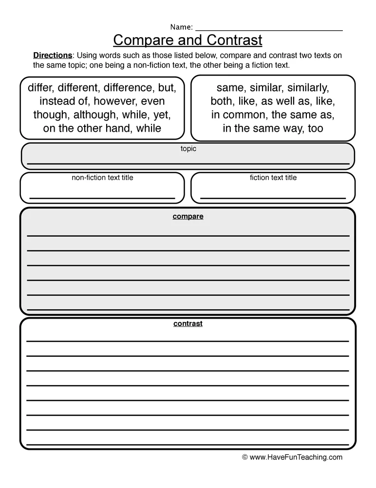 Compare And Contrast Worksheet Fiction And Non Fiction