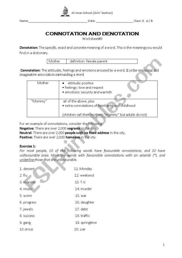 Connotations And Denotation English Esl Worksheets For