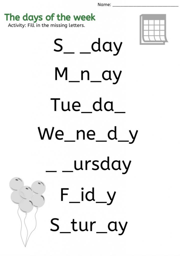 Days Of The Week FILL IN THE BLANKS English Worksheets