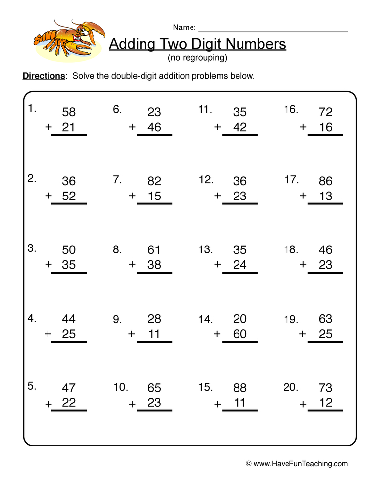 Double Digit Addition Without Regrouping Worksheet Have 