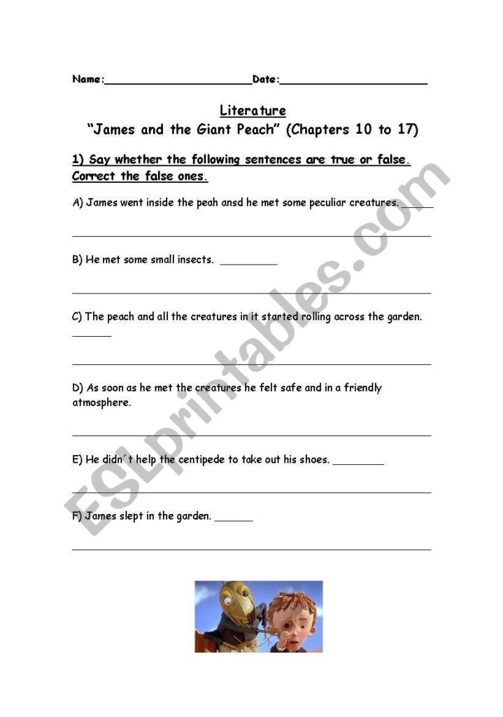 English Worksheets James And The Giant Peach