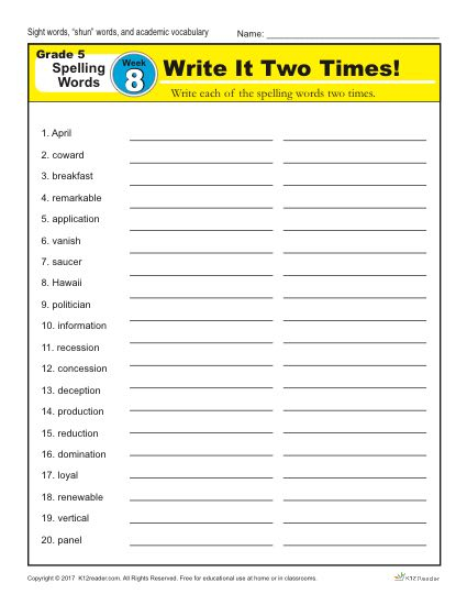 Fifth Grade Spelling Words List Week 8 K12Reader
