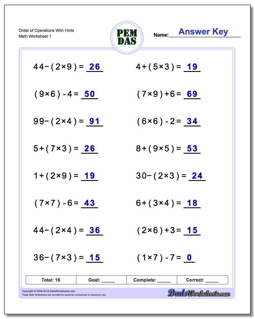 Free Printable Math Worksheets 6Th Grade Order Operations 