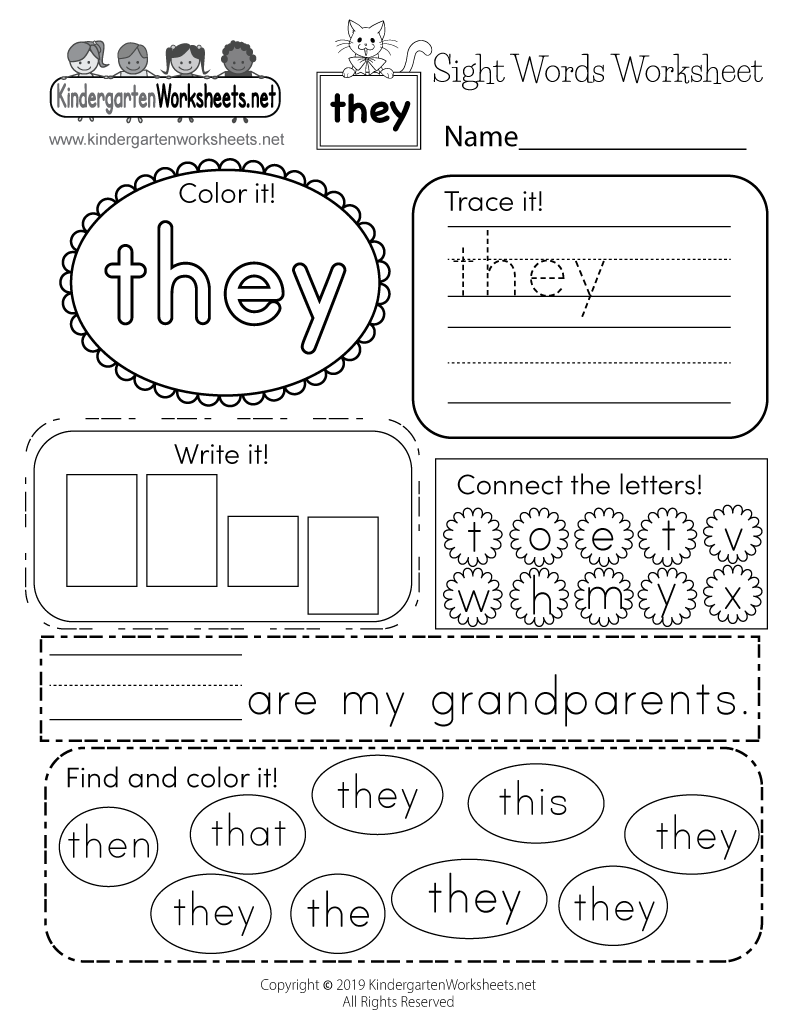 Free Printable Sight Word they Worksheet For Kindergarten