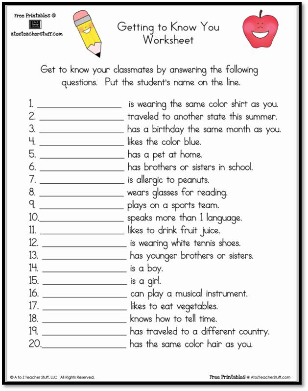 Getting To Know You Worksheet A To Z Teacher Stuff 
