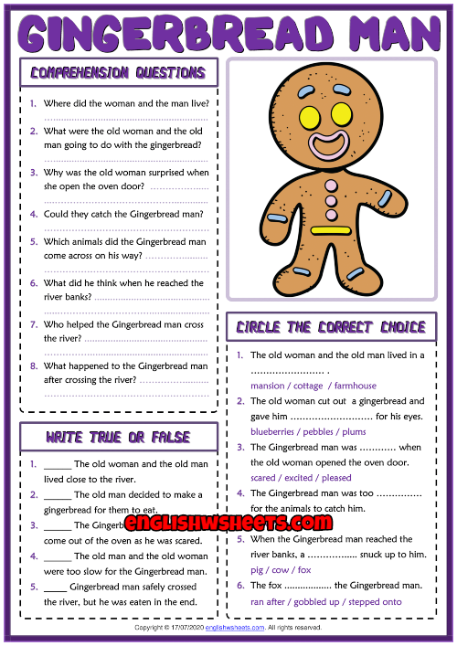 Gingerbread Man ESL Reading Comprehension Questions Worksheet