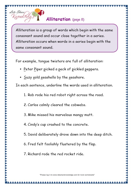 Grade 3 Grammar Topic 33 Alliteration Worksheets Lets