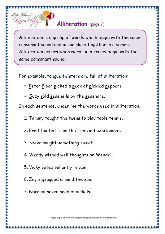 Grade 3 Grammar Topic 33 Alliteration Worksheets Lets 