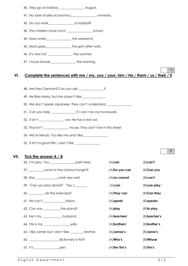 Grade 4 English File Grammar Test Worksheet
