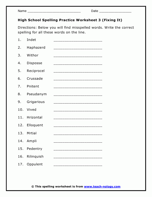 High School Spelling Practice Worksheet 3