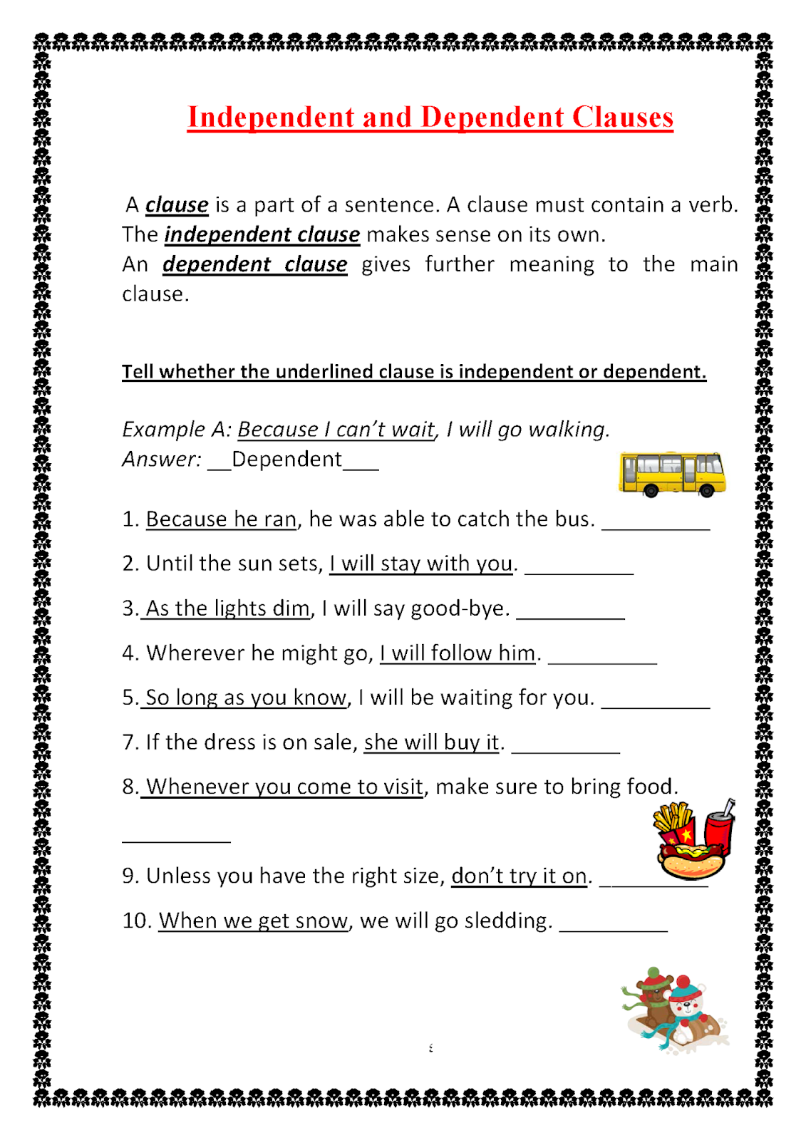 Independent And Dependent subordinate Clauses Worksheet