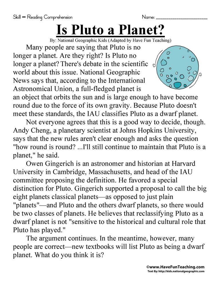 Is Pluto A Planet Reading Comprehension Worksheet Have 