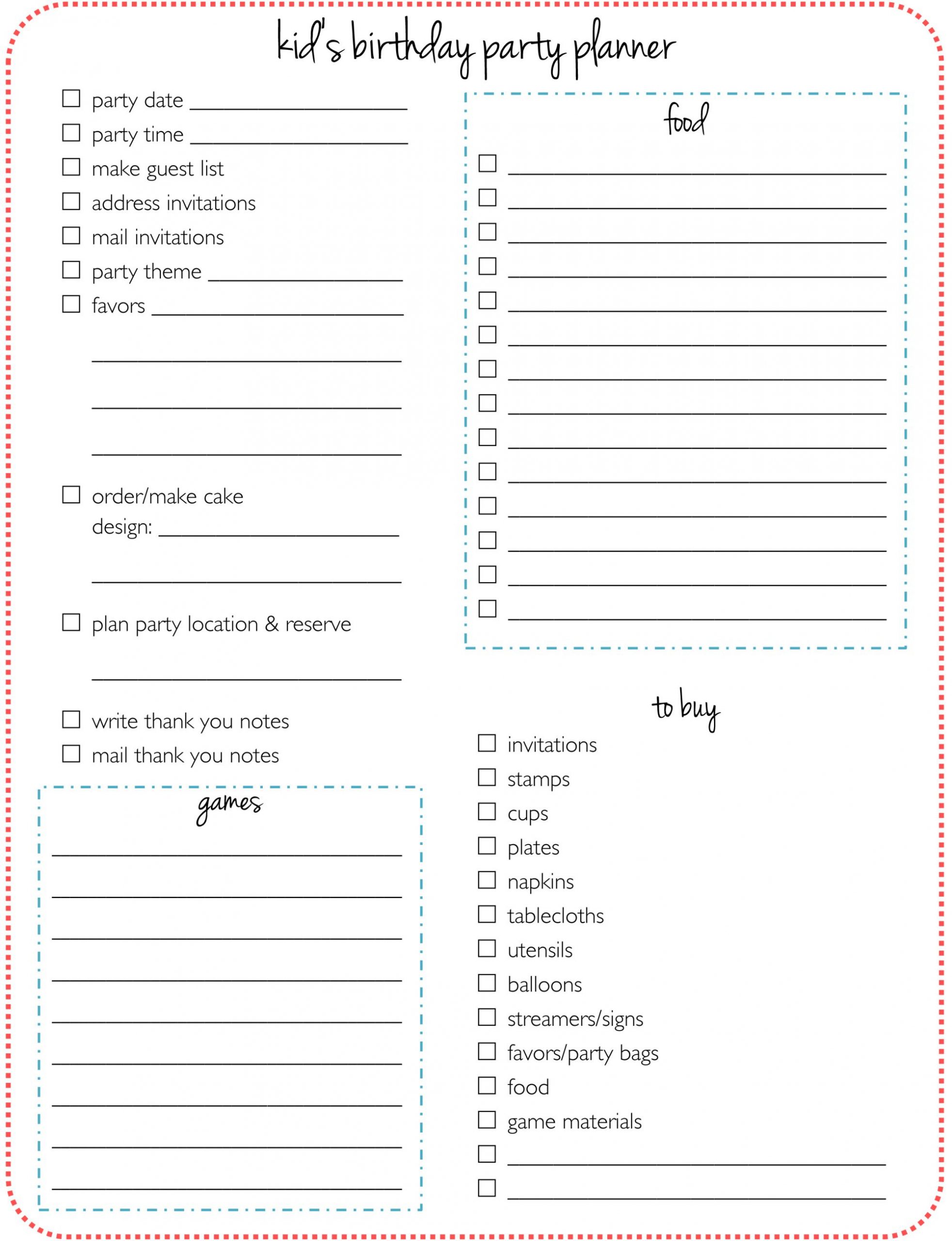 Kid s Birthday Party Planner Party Planner Checklist 