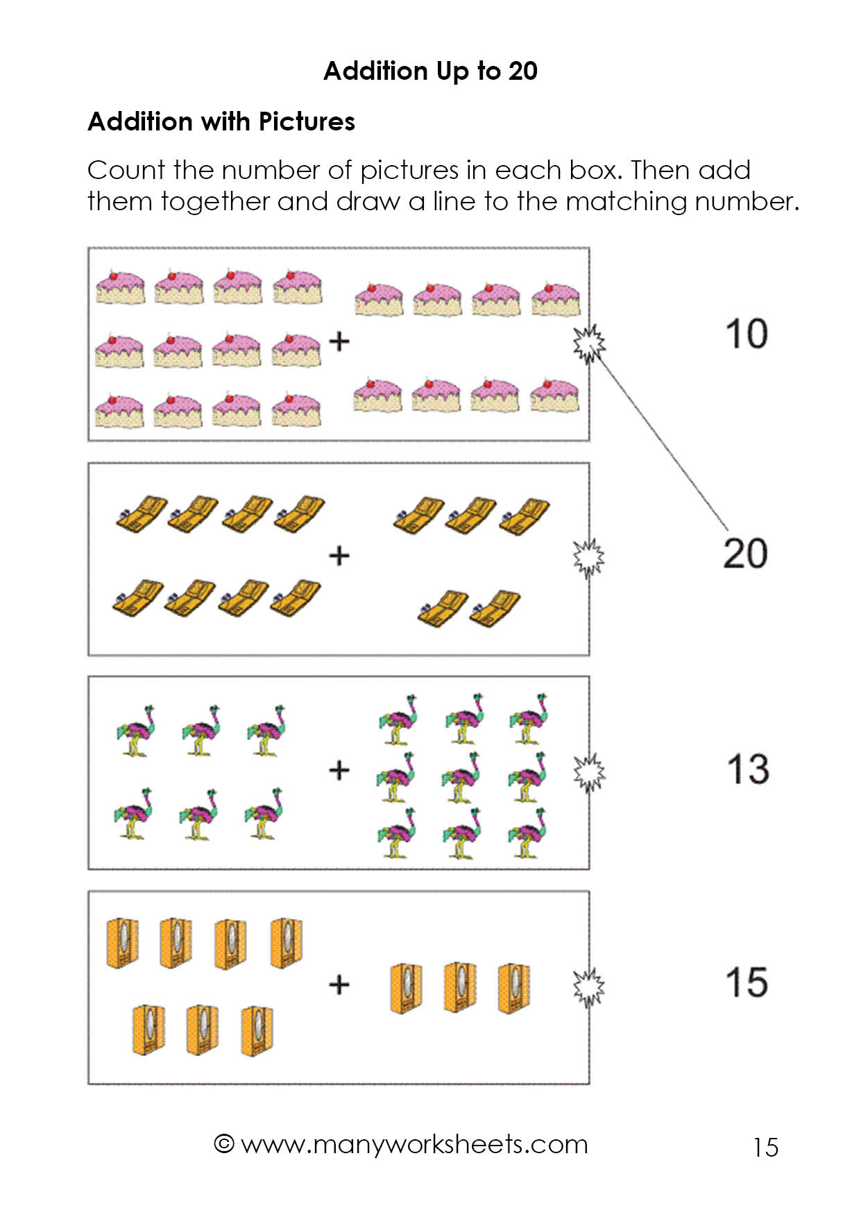 Kindergarten Addition With Sum Up To 20 Worksheets