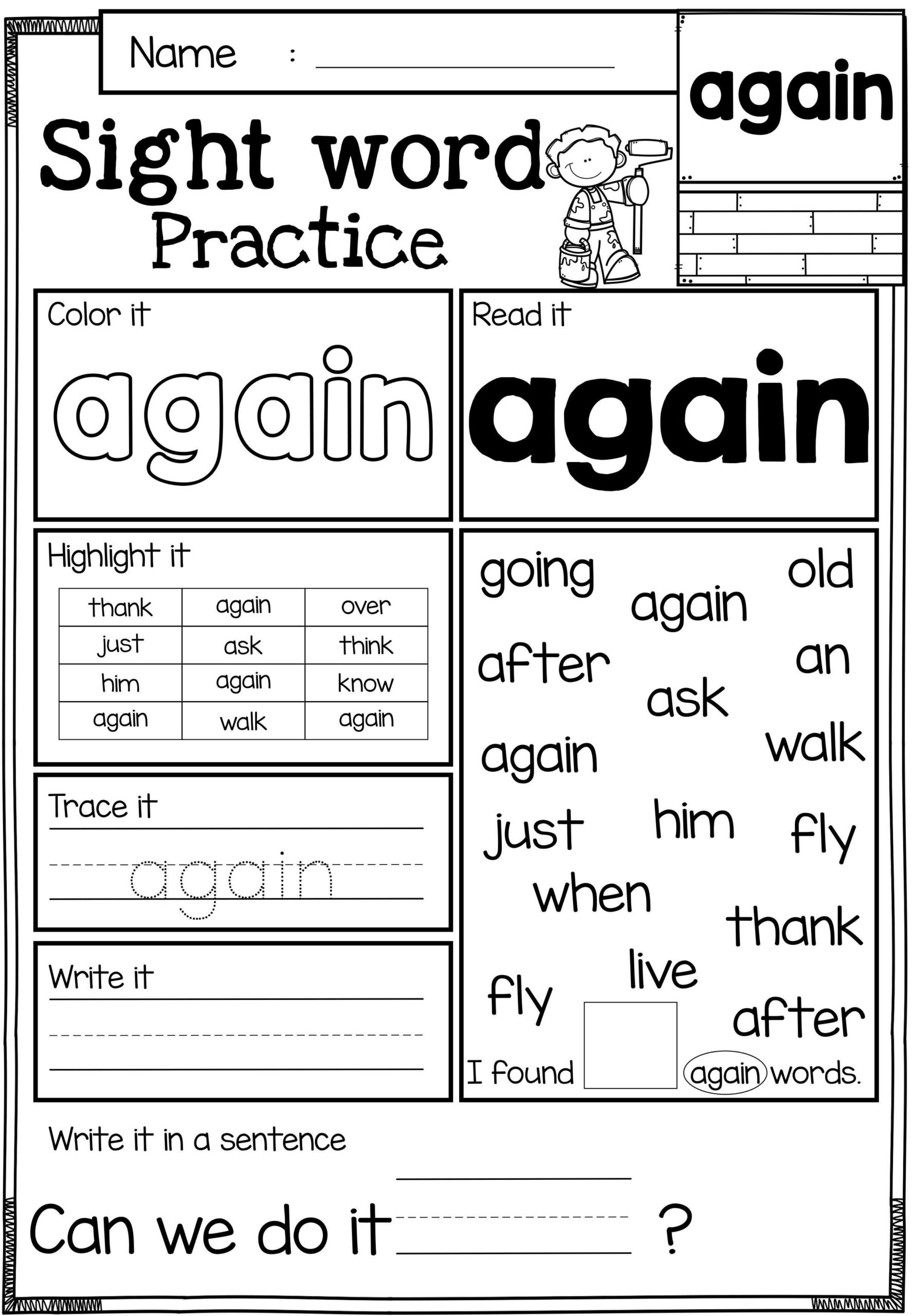 Kindergarten Reading Worksheets Sight Words Worksheets 
