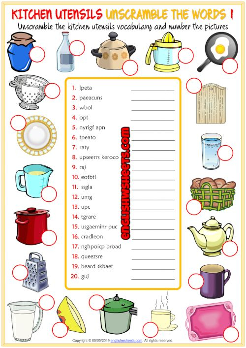 Kitchen Utensils ESL Unscramble The Words Worksheets 