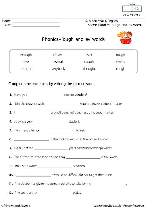Literacy Phonics Ough And Ev Words Worksheet