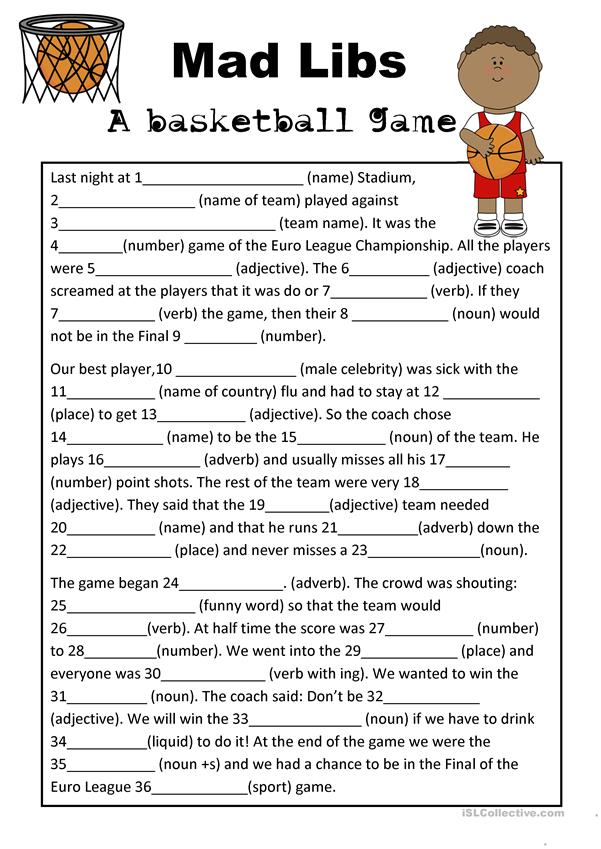 Mad Libs Parts Of Speech Basketball Game Worksheet Free 