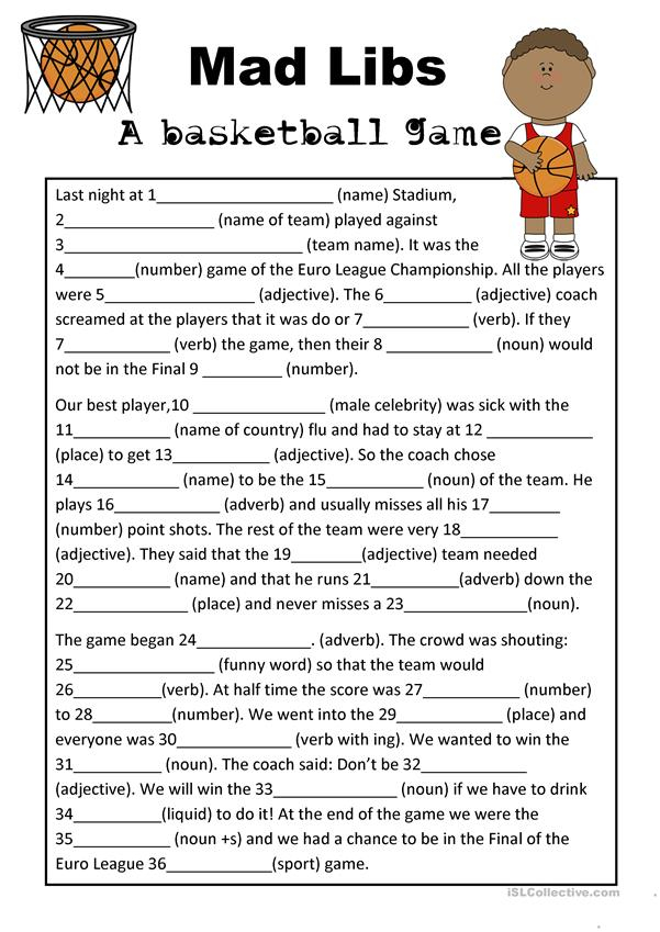 Mad Libs Parts Of Speech Basketball Game Worksheet Free