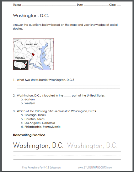 Map Worksheet For Washington D C Grades 1 3 Student