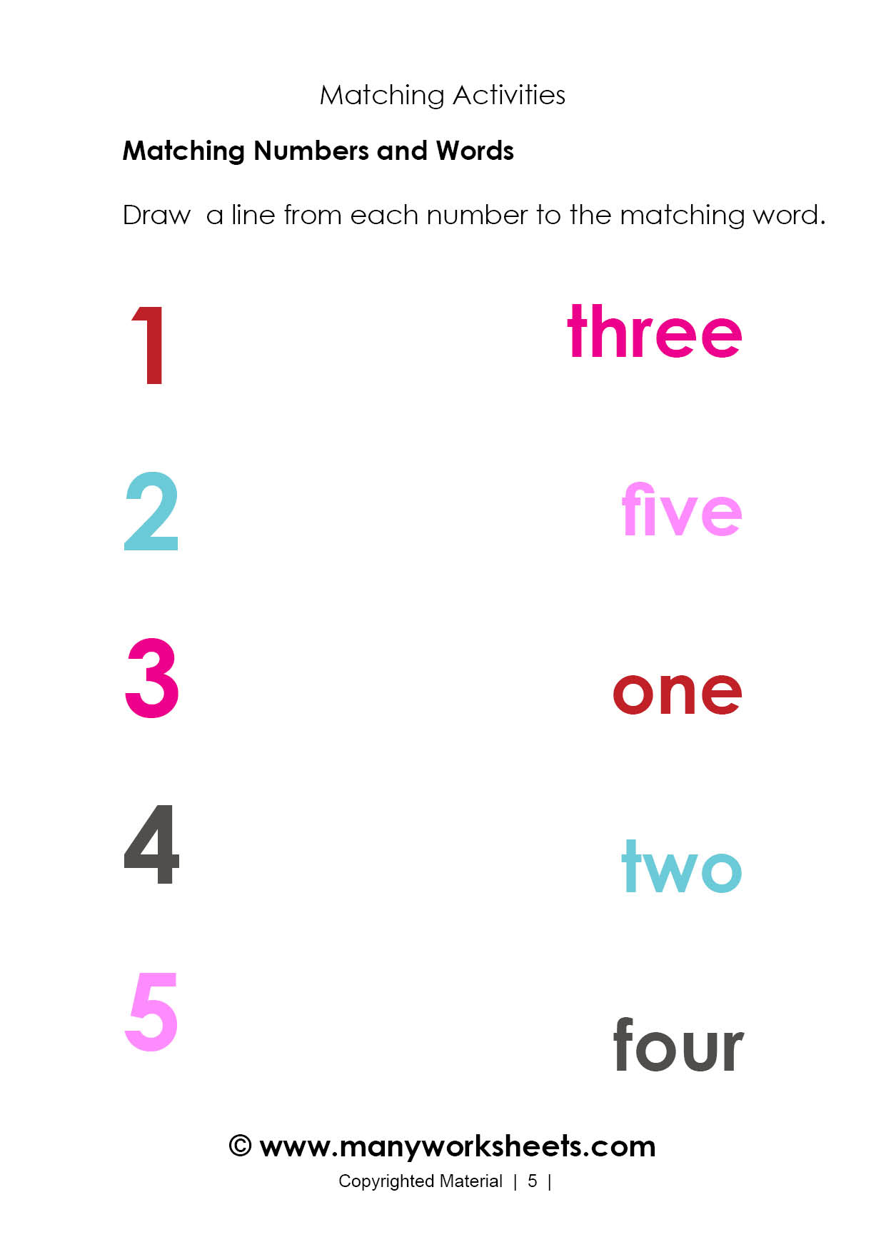 Matching Numbers 1 5 And Words For Kindergarten