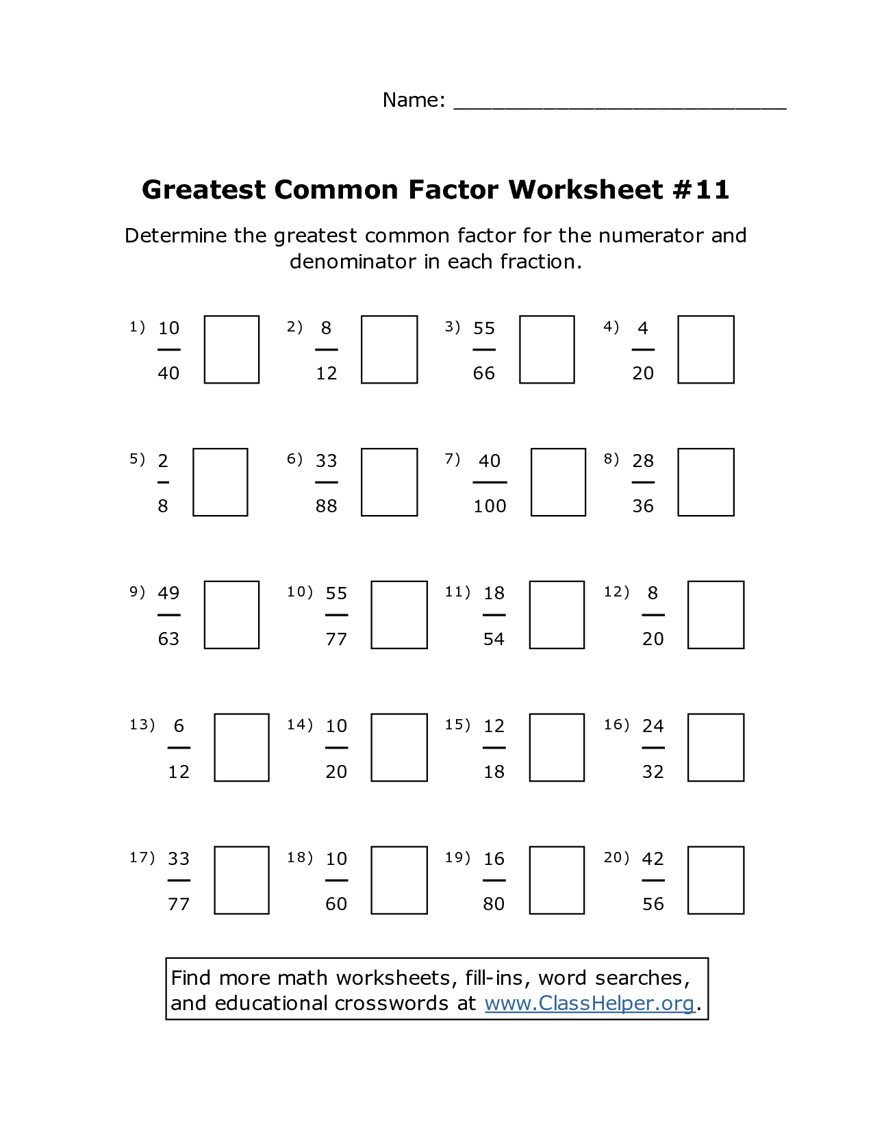 Math Greatest Common Factor Worksheets Printable 