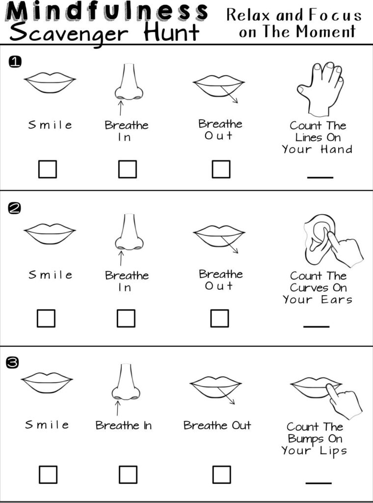 MINDFULNESS Scavenger Hunt Worksheets For Relaxation And