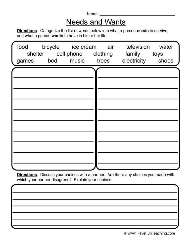 Needs And Wants Worksheet 1