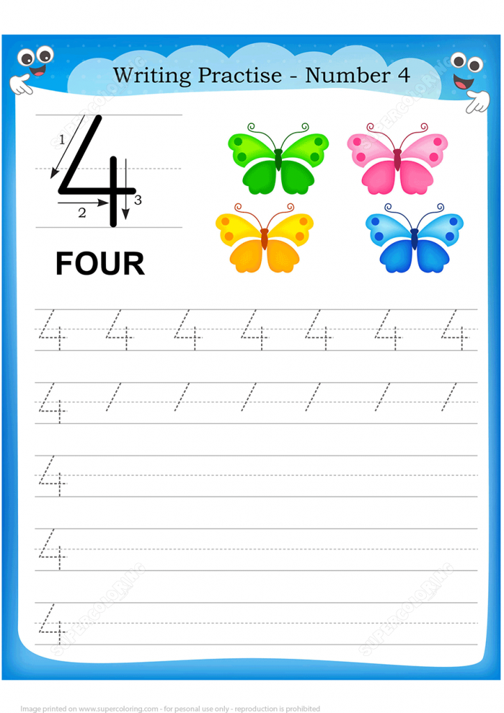 Number 4 Handwriting Practice Worksheet Free Printable