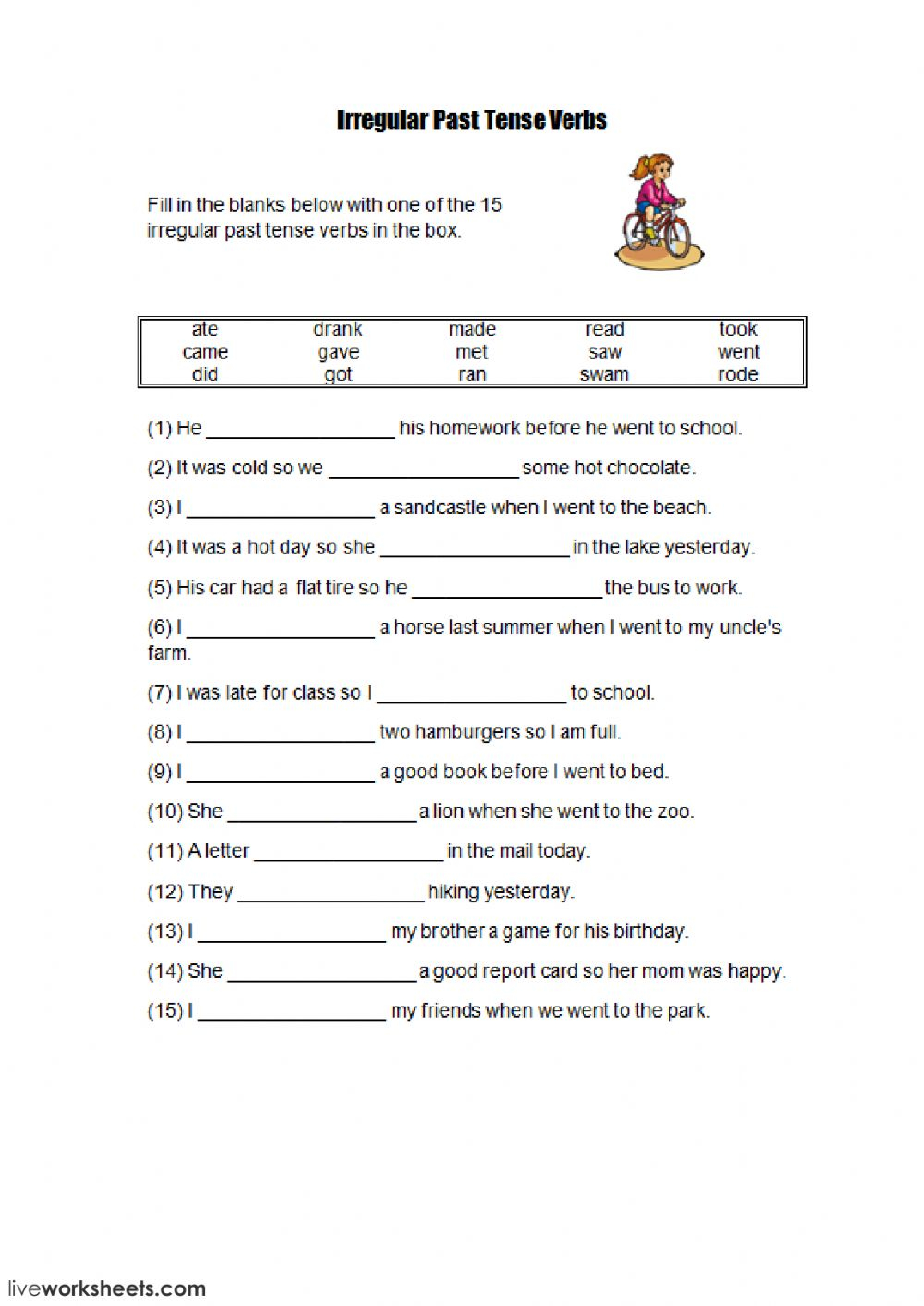 Past Participle Irregular Verbs Worksheets