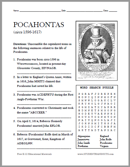 Pocahontas Bellwork Puzzle Worksheet Student Handouts