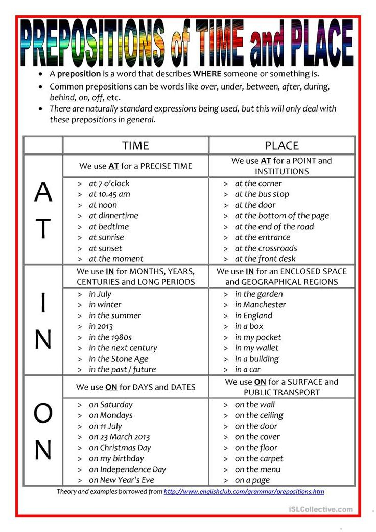 Prepositions Of Time And Place in On At Worksheet 