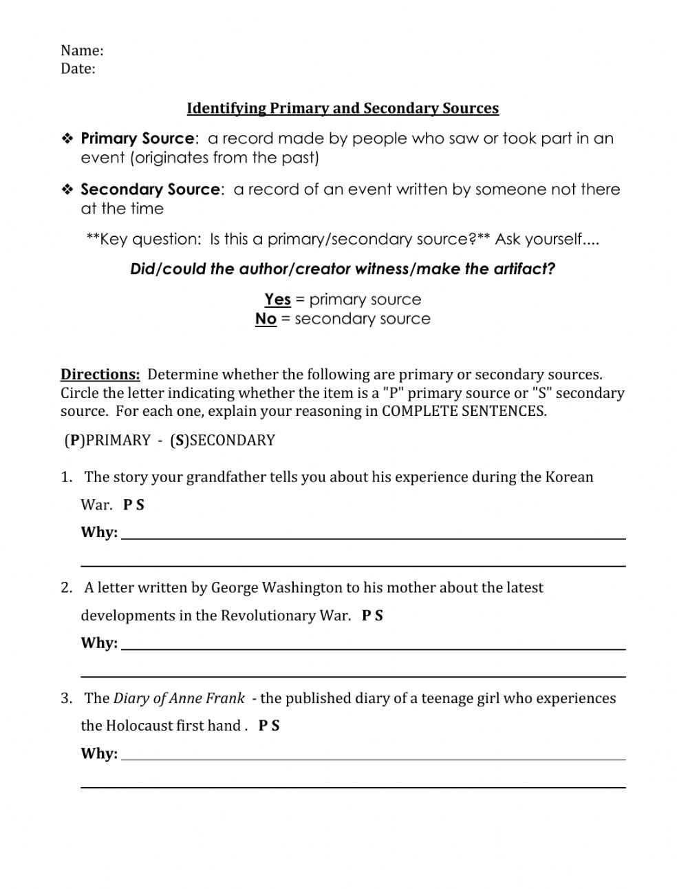 Primary And Secondary Sources Worksheet