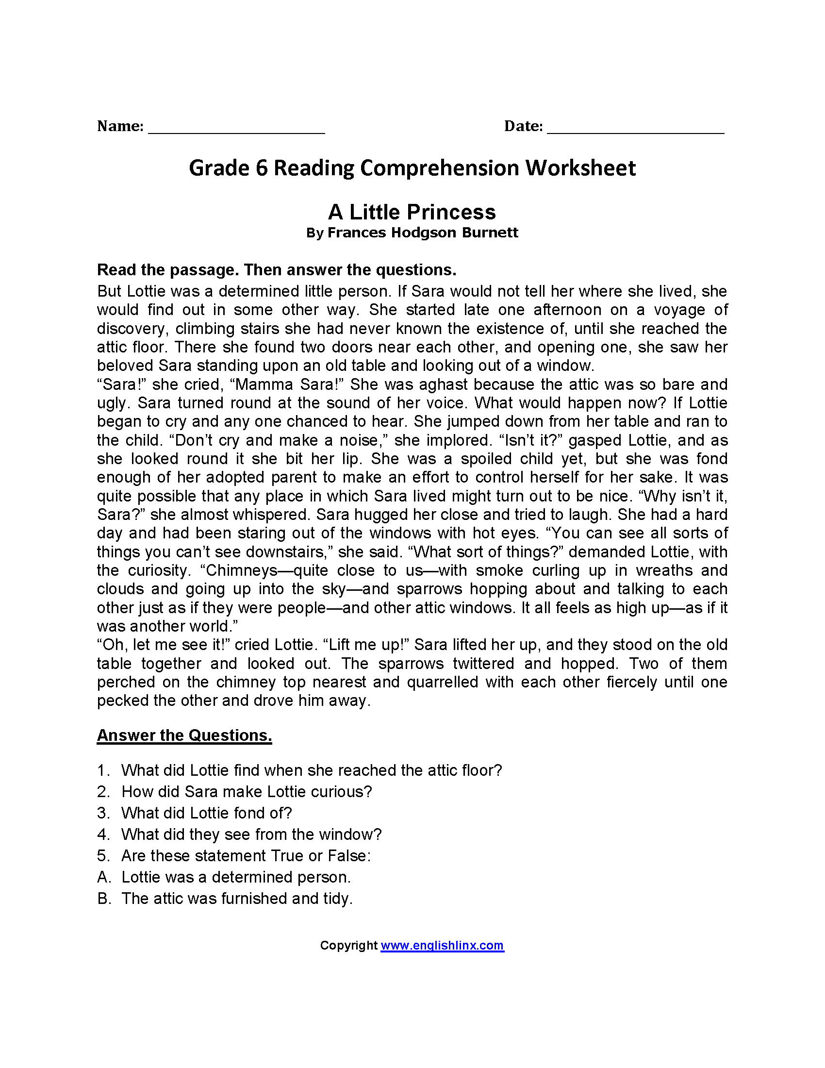 Reading Comprehension Test Pdf Grade 6 Fccmansfield