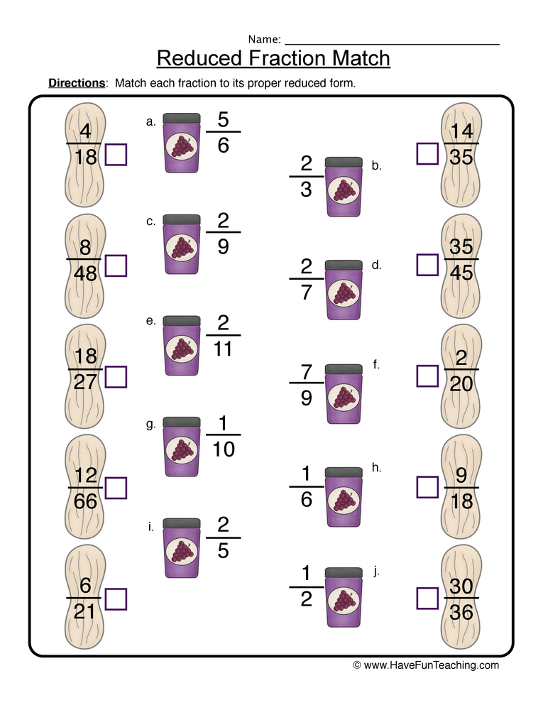 Reducing Fractions Matching Worksheet Have Fun Teaching