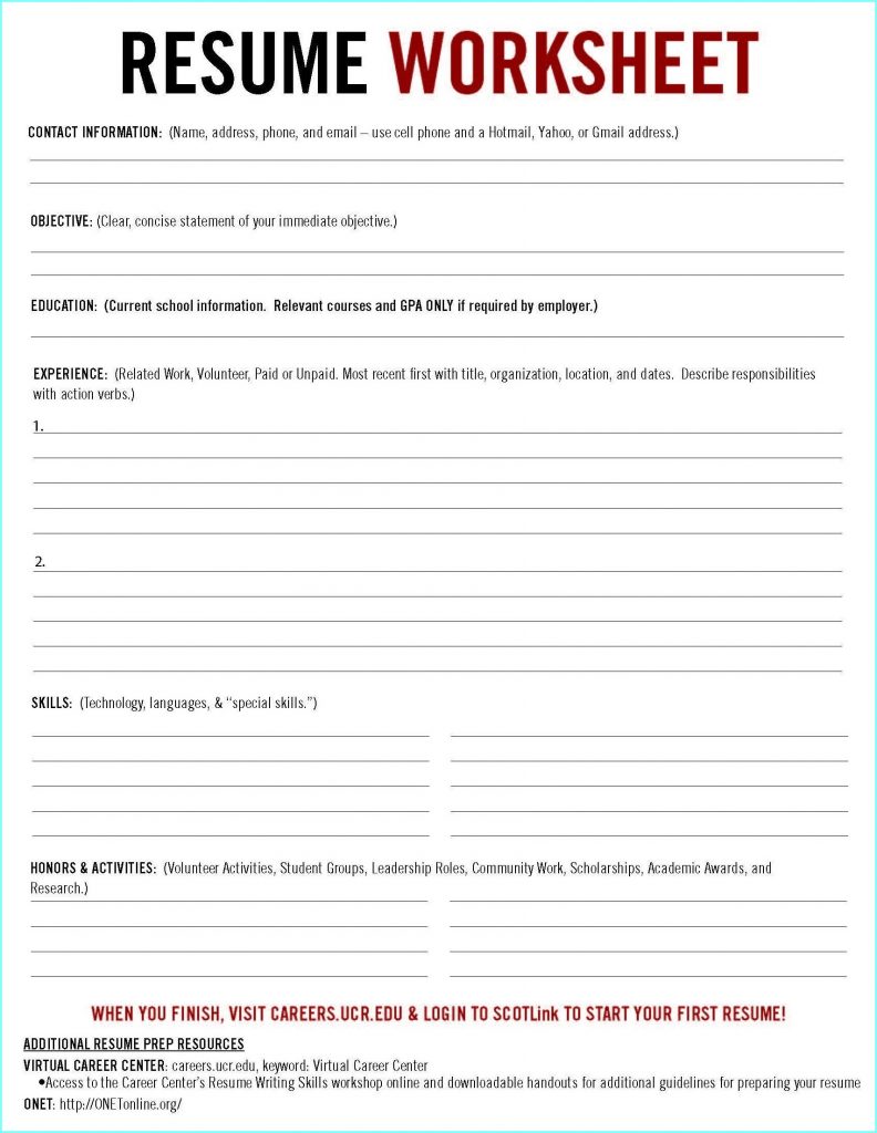 Resume Worksheet Printable And High School Template