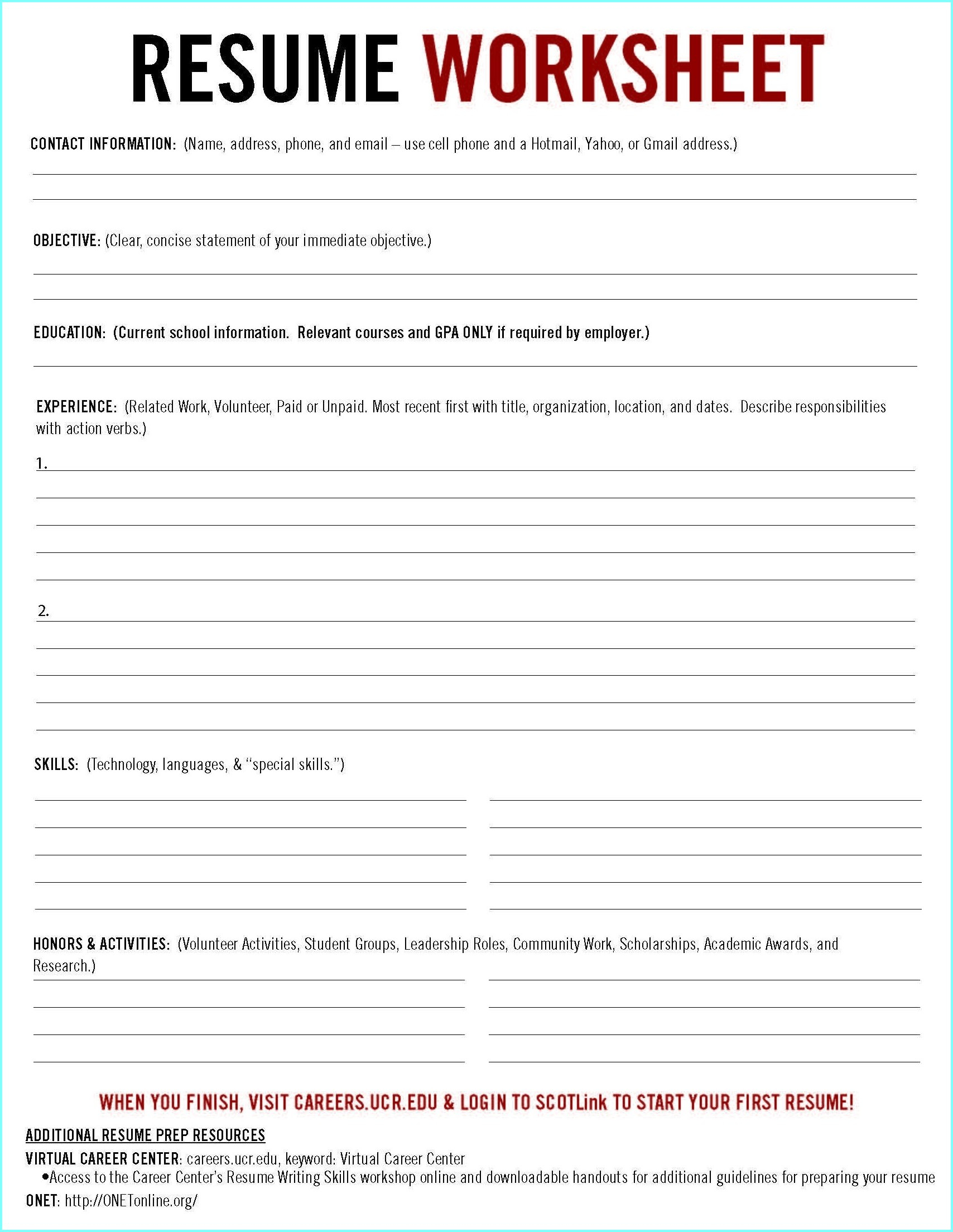 Resume Worksheet Printable And High School Template 