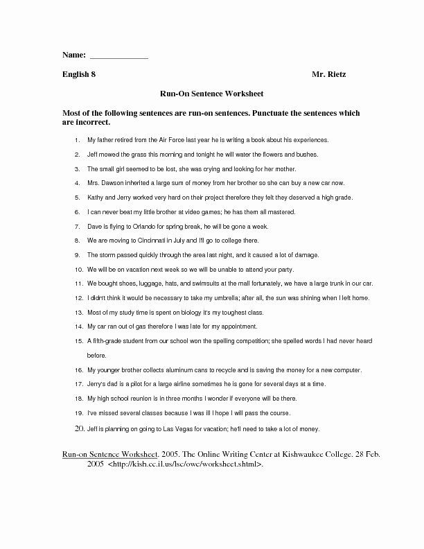 Run On Sentence Worksheet Best Of Rockin Resources Writing 