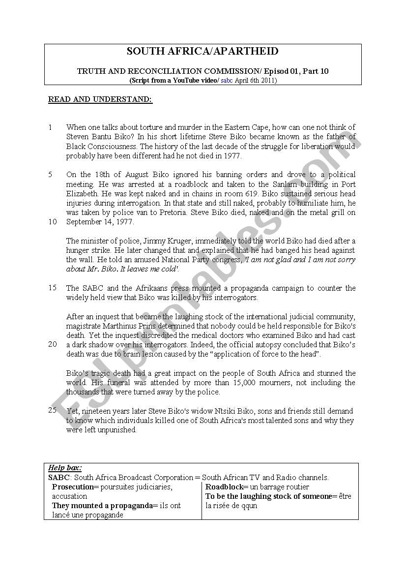 SOUTH AFRICA APARTHEID Steve Biko ESL Worksheet By Tikaniki