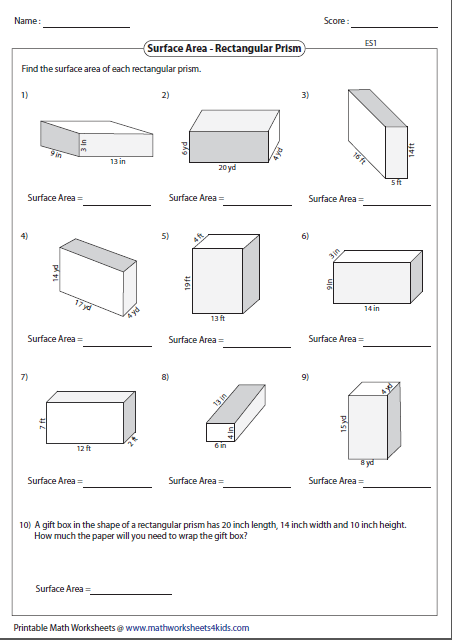 Surface Area Worksheets