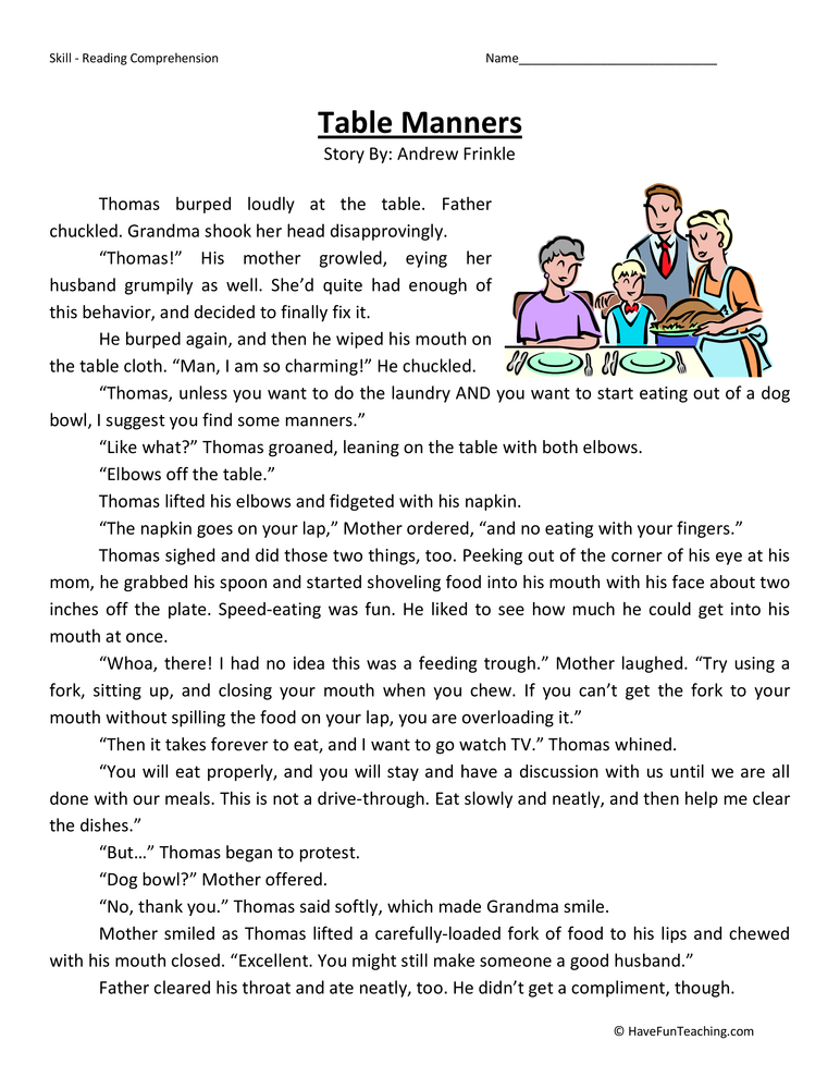 Table Manners Reading Comprehension Worksheet Have Fun 